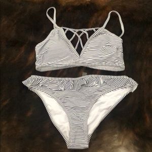 Navy pinstripe two-piece swimsuit